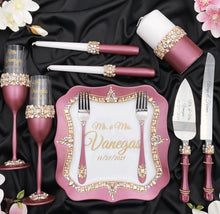 Load image into Gallery viewer, Burgundy wedding glasses for bride and groom, wedding cake server sets
