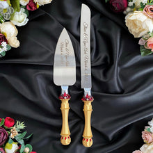 Load image into Gallery viewer, Gold red wedding cake cutting set, wedding glasses for bride and groom, wedding plate and forks