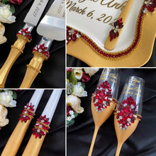 Load image into Gallery viewer, Gold red wedding cake cutting set, wedding glasses for bride and groom, wedding plate and forks
