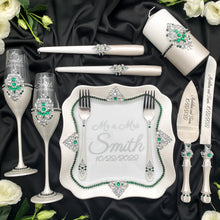 Load image into Gallery viewer, Silver wedding cake cutting set, wedding glasses for bride and groom, wedding plate & forks, unity candles