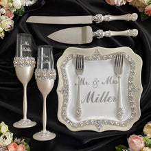 Load image into Gallery viewer, Silver wedding glasses for bride and groom, wedding cake server sets
