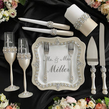 Load image into Gallery viewer, Silver wedding glasses for bride and groom, wedding cake server sets & cake plate with forks