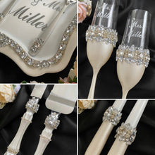 Load image into Gallery viewer, Silver wedding glasses for bride and groom, wedding cake server sets