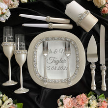 Load image into Gallery viewer, Silver wedding glasses for bride and groom, cake serving set