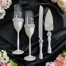 Load image into Gallery viewer, Silver wedding glasses for bride and groom, cake serving set