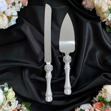 Load image into Gallery viewer, Silver wedding glasses for bride and groom, cake serving set