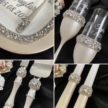 Load image into Gallery viewer, Silver wedding glasses for bride and groom, cake serving set