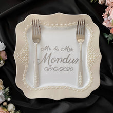 Load image into Gallery viewer, Pearl wedding glasses for bride and groom, wedding cake cutting set, wedding plate and forks, unity candles