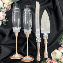 Load image into Gallery viewer, Beige wedding flutes for bride and groom, wedding cake server sets, wedding cake plate and forks