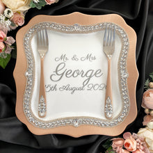 Load image into Gallery viewer, Beige wedding flutes for bride and groom, wedding cake server sets, wedding cake plate and forks, unity candles