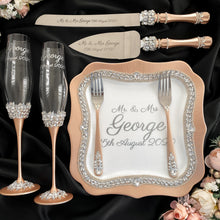 Load image into Gallery viewer, Beige wedding flutes for bride and groom, wedding cake server sets, wedding cake plate and forks