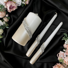 Load image into Gallery viewer, Silver wedding glasses for bride and groom, wedding cake cutting set, wedding plate and forks, unity candles