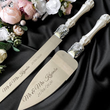 Load image into Gallery viewer, Silver wedding glasses for bride and groom, wedding cake cutting set, wedding plate and forks, unity candles