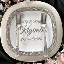 Load image into Gallery viewer, Silver wedding glasses for bride and groom, wedding cake cutting set, wedding plate and forks, unity candles