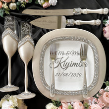 Load image into Gallery viewer, Silver wedding glasses for bride and groom, wedding cake cutting set, wedding plate and forks, unity candles