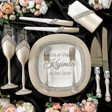 Load image into Gallery viewer, Silver wedding glasses for bride and groom, wedding cake cutting set, wedding plate and forks, unity candles