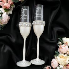 Load image into Gallery viewer, Silver wedding flutes for bride and groom