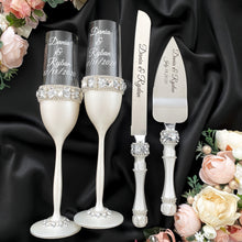 Load image into Gallery viewer, Silver wedding flutes for bride and groom