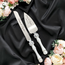 Load image into Gallery viewer, Silver wedding flutes for bride and groom