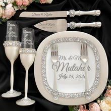 Load image into Gallery viewer, Silver wedding flutes for bride and groom