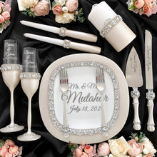 Load image into Gallery viewer, Silver wedding flutes for bride and groom