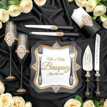 Load image into Gallery viewer, Black wedding cake cutting set, wedding glasses for bride and groom