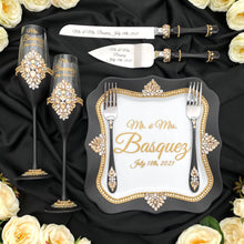 Load image into Gallery viewer, Black wedding cake cutting set, wedding glasses for bride and groom