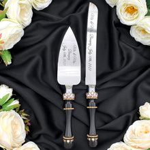 Load image into Gallery viewer, Black wedding cake cutting set, wedding glasses for bride and groom