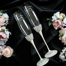 Load image into Gallery viewer, Silver wedding flutes for bride and groom, wedding cake server sets, wedding cake plate, unity candles