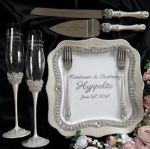 Load image into Gallery viewer, Silver wedding flutes for bride and groom, wedding cake server sets, wedding cake plate