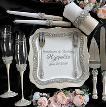 Load image into Gallery viewer, Silver wedding flutes for bride and groom, wedding cake server sets, wedding cake plate