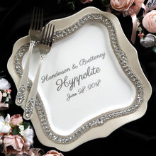 Load image into Gallery viewer, Silver wedding flutes for bride and groom, wedding cake server sets, wedding cake plate, unity candles