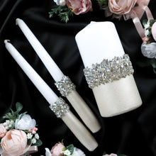 Load image into Gallery viewer, Silver wedding flutes for bride and groom, wedding cake server sets, wedding cake plate, unity candles