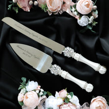 Load image into Gallery viewer, Silver wedding flutes for bride and groom, wedding cake server sets, wedding cake plate