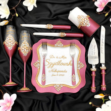 Load image into Gallery viewer, Burgundy wedding cake cutting set, wedding glasses for bride and groom