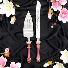 Load image into Gallery viewer, Burgundy wedding cake cutting set, wedding glasses for bride and groom