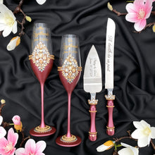 Load image into Gallery viewer, Burgundy wedding cake cutting set, wedding glasses for bride and groom