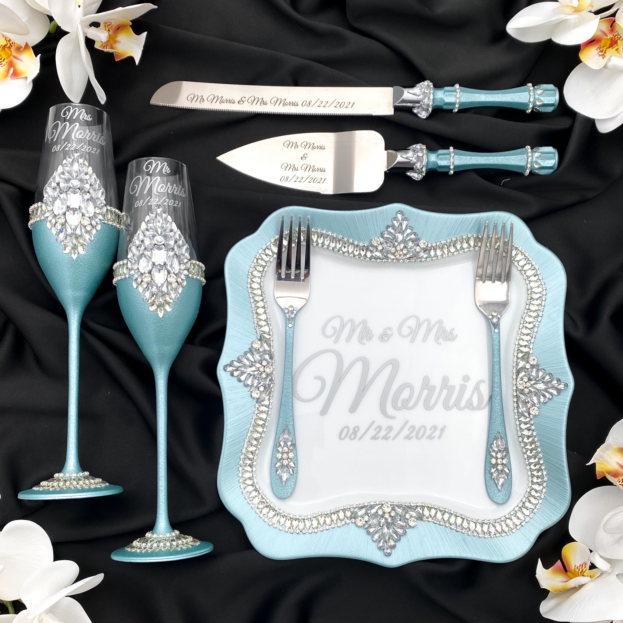 Personalized Wedding Glasses Cake server set Wedding Plate and Forks MR & Mrs Glasses Set hotsell of 7