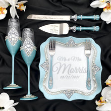 Load image into Gallery viewer, Tiffany wedding cake cutting set, wedding glasses for bride and groom, wedding plate & forks