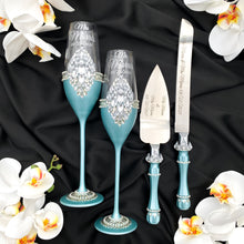 Load image into Gallery viewer, Tiffany wedding cake cutting set, wedding glasses for bride and groom, wedding plate & forks, unity candles