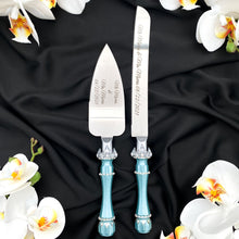 Load image into Gallery viewer, Tiffany wedding cake cutting set, wedding glasses for bride and groom