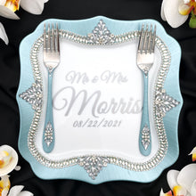 Load image into Gallery viewer, Tiffany wedding cake cutting set, wedding glasses for bride and groom, wedding plate & forks