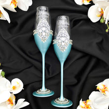 Load image into Gallery viewer, Tiffany wedding cake cutting set, wedding glasses for bride and groom
