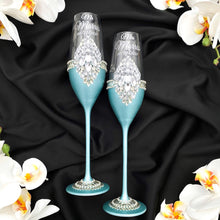 Load image into Gallery viewer, Tiffany wedding cake cutting set, wedding glasses for bride and groom