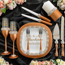 Load image into Gallery viewer, Bronze wedding glasses for bride and groom cake serving set