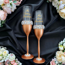 Load image into Gallery viewer, Bronze wedding glasses for bride and groom cake serving set