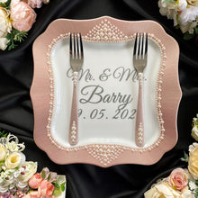 Load image into Gallery viewer, Powdery pearl wedding glasses for bride and groom, wedding cake cutting set, wedding plate and forks