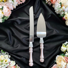 Load image into Gallery viewer, Powdery pearl wedding glasses for bride and groom, wedding cake cutting set
