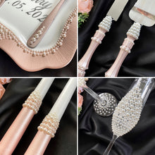 Load image into Gallery viewer, Powdery pearl wedding glasses for bride and groom, wedding cake cutting set