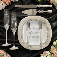 Load image into Gallery viewer, Silver wedding glasses for bride and groom, cake knife and server, wedding plate, unity candles
